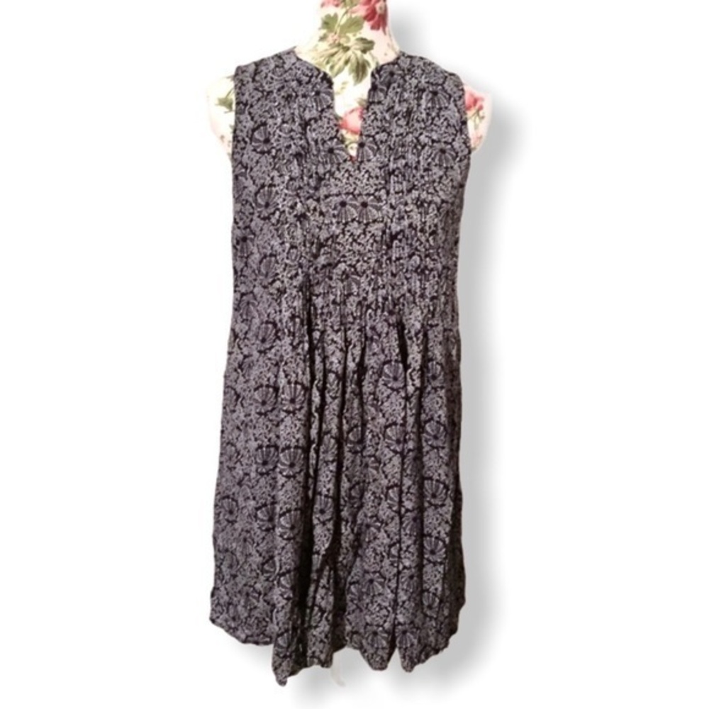 Navy Blue White Loose Trapeze Dress Beach Print